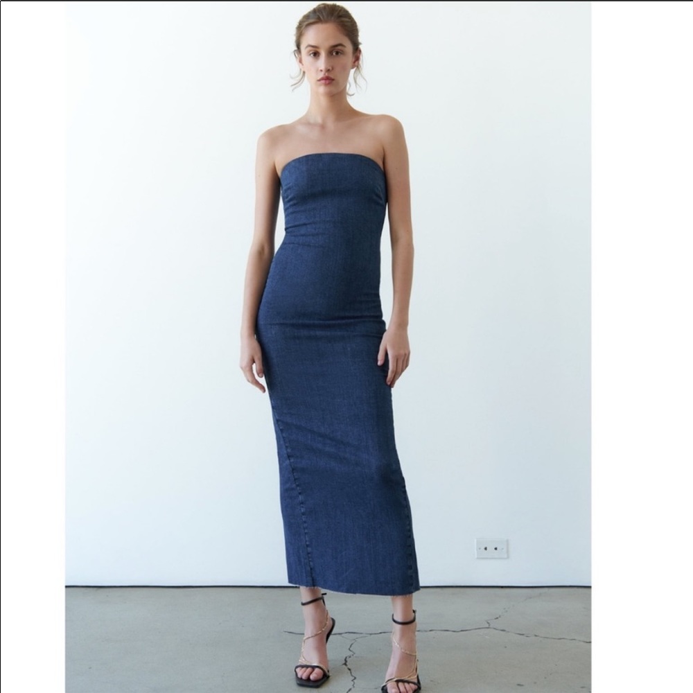 Strapless midi fitted denim dress